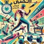 Illustration for a comprehensive fitness guide in Arabic, featuring diverse exercises such as running, weightlifting, yoga, and stretching, symbolizing tips and exercises to enhance physical fitness and athletic performance.