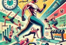 Illustration for a comprehensive fitness guide in Arabic, featuring diverse exercises such as running, weightlifting, yoga, and stretching, symbolizing tips and exercises to enhance physical fitness and athletic performance.