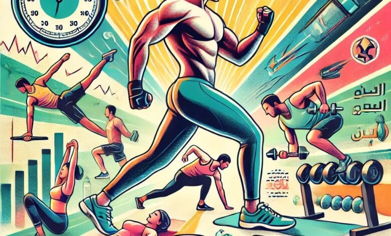 Illustration for a comprehensive fitness guide in Arabic, featuring diverse exercises such as running, weightlifting, yoga, and stretching, symbolizing tips and exercises to enhance physical fitness and athletic performance.