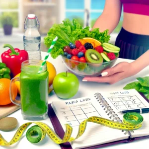 Colorful arrangement of fruits and vegetables with a meal plan journal and Arabic text on a kitchen table, promoting healthy rapid weight loss.