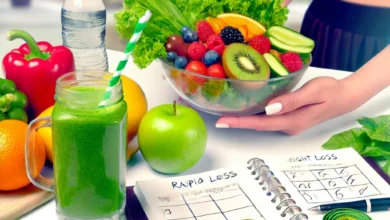 Colorful arrangement of fruits and vegetables with a meal plan journal and Arabic text on a kitchen table, promoting healthy rapid weight loss.