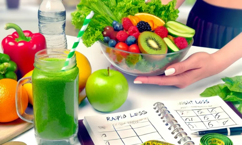 Colorful arrangement of fruits and vegetables with a meal plan journal and Arabic text on a kitchen table, promoting healthy rapid weight loss.