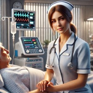 A hyper-realistic image of a nurse providing compassionate care to a patient in a modern hospital setting, with medical equipment visible in the background.