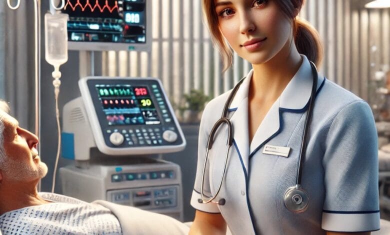 A hyper-realistic image of a nurse providing compassionate care to a patient in a modern hospital setting, with medical equipment visible in the background.