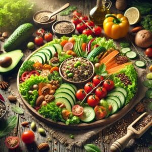 Healthy vegan meal with quinoa salad, mixed greens, tomatoes, cucumbers, avocados, nuts, and seeds on a rustic wooden table, surrounded by herbs, lemons, and spices.