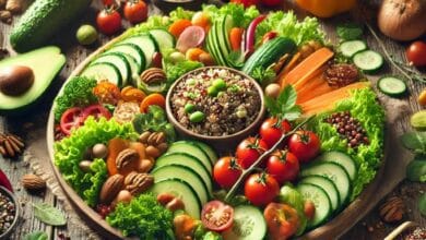 Healthy vegan meal with quinoa salad, mixed greens, tomatoes, cucumbers, avocados, nuts, and seeds on a rustic wooden table, surrounded by herbs, lemons, and spices.