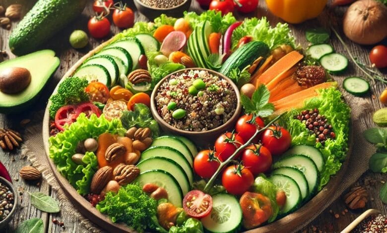 Healthy vegan meal with quinoa salad, mixed greens, tomatoes, cucumbers, avocados, nuts, and seeds on a rustic wooden table, surrounded by herbs, lemons, and spices.